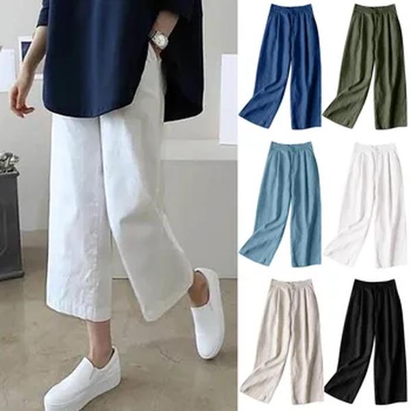 Calças femininas de algodão, calças largas de verão, cor sólida, capris casual vertical, cintura alta, perna larga, comprimento de carga