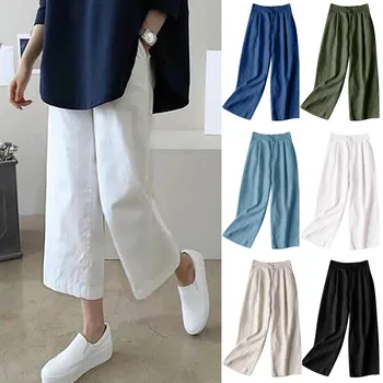 Calças femininas de algodão, calças largas de verão, cor sólida, capris casual vertical, cintura alta, perna larga, comprimento de carga