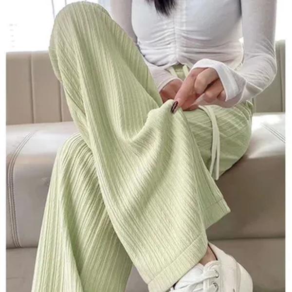 Calça de perna larga feminina com cordão, calça comprida para senhora do escritório, cintura monocromática e elástica, casual e doce, esportes básicos, moda e verão