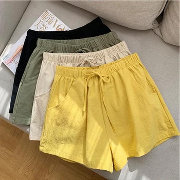 Shorts casuais de linho para mulheres, shorts de ginástica, calças curtas de algodão, cintura alta, preto feminino