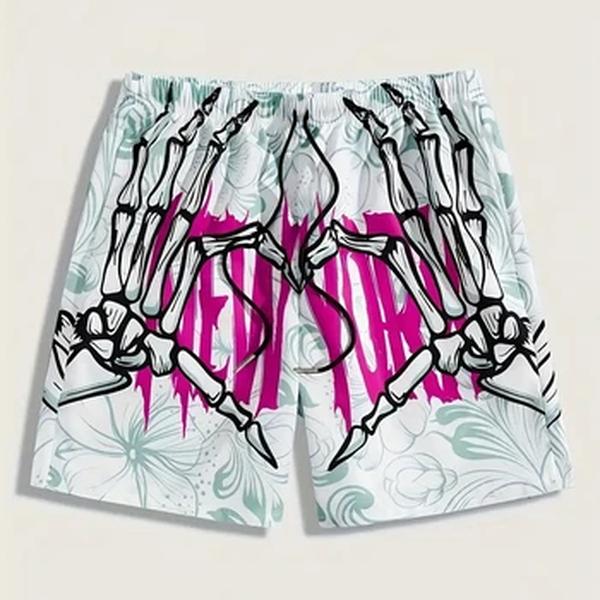 Shorts de praia respirável masculino, estampa esquelética confortável, elemento carta, moda casual, boutique de verão