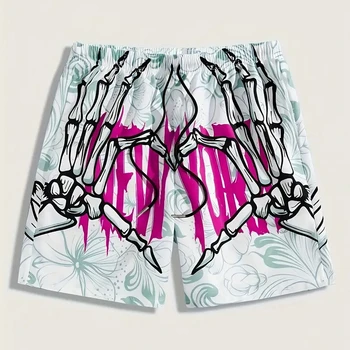 Shorts de praia respirável masculino, estampa esquelética confortável, elemento carta, moda casual, boutique de verão