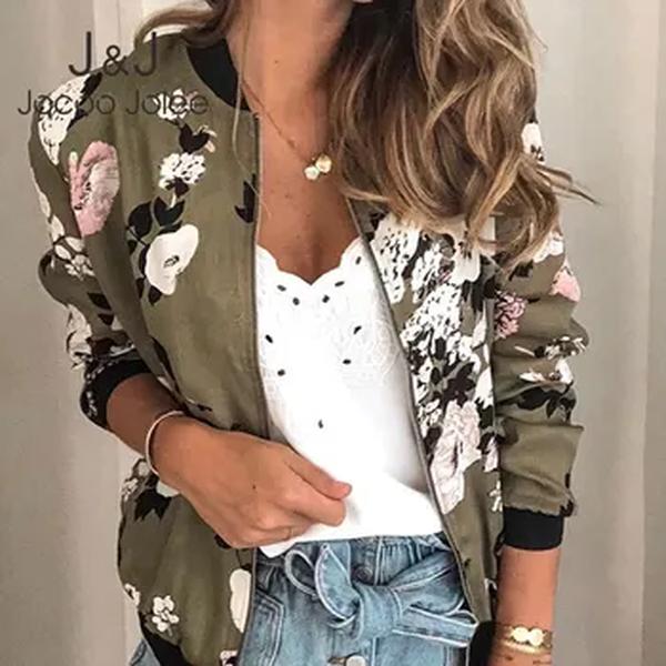 Jocoo Jolee-jaqueta bomber estampada floral para mulheres, casaco de escritório fino, outwear retrô, zíper elegante, primavera, outono