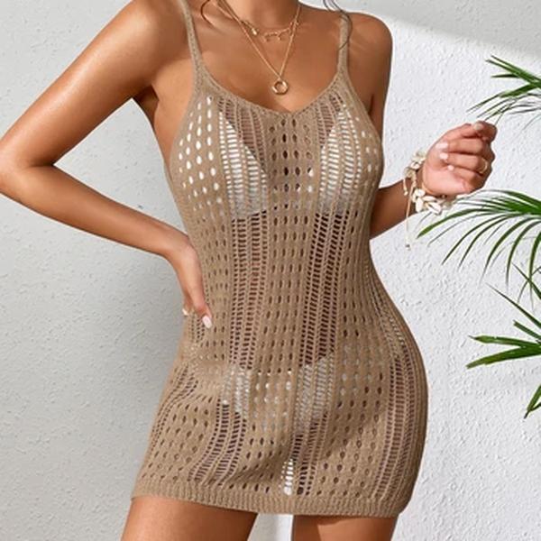Tricô feminino escavar o encobrimento de maiô, sem mangas sexy ver através do vestido curto, verão sunbathing beachwear