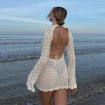 Vintage Crochet Flor Oco Out Vestido Cover-Ups Mulheres Chique Sexy Knit Backless Tie-up Mini Vestido Summer Beach Holiday Bodycon