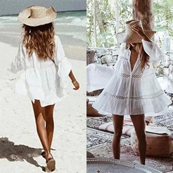 Vestido de praia oco de renda feminino, Cover-Ups, Fato de banho, Roupa de praia, Túnica, Maiô, Verão, senhoras