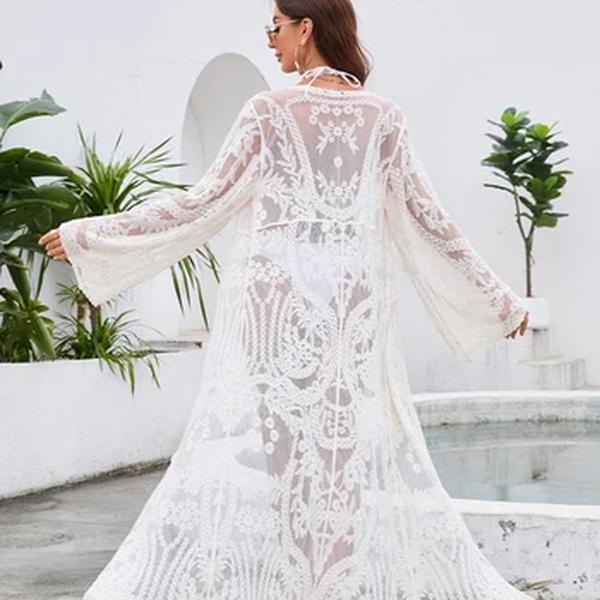 Mini vestido floral de praia feminino, encobrimento de biquíni, crochê de renda, maiô oco, maiô, túnica branca, sarong, moda praia envoltório