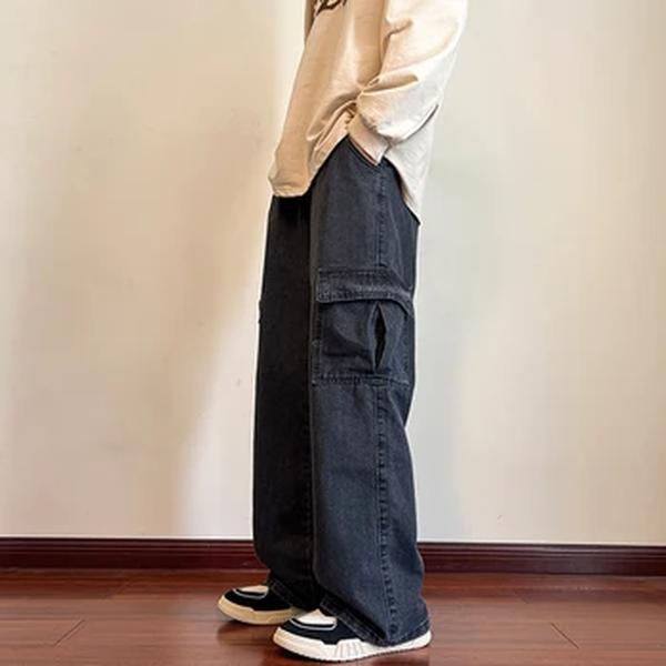 Calça de bolso grande masculina, calça jeans retrô casual, de rua alta coreana Y2K, para festa diária, cor sólida, nova, 2022