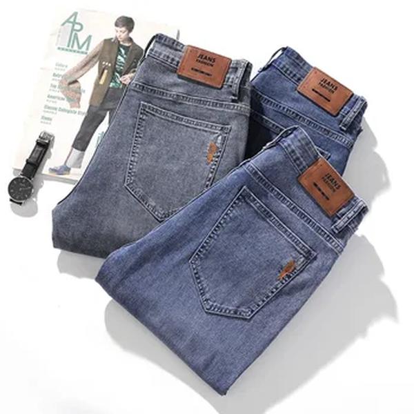 Calça jeans reta clássica masculina, jeans casual de negócios, marca de luxo leve, jeans elástico fino de alta qualidade
