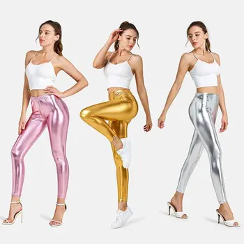 Calças justas metálicas douradas para mulheres, leggings de ioga dança brilhante, calças sexy, calças punk rock
