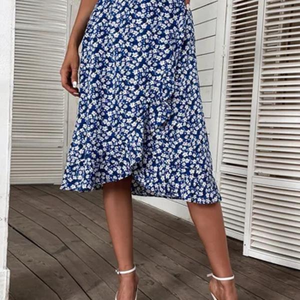 Benuynffy-Margarida floral estampa babados saias femininas, saias midi de verão Boho Linha A feminina com elástico na cintura, 2024