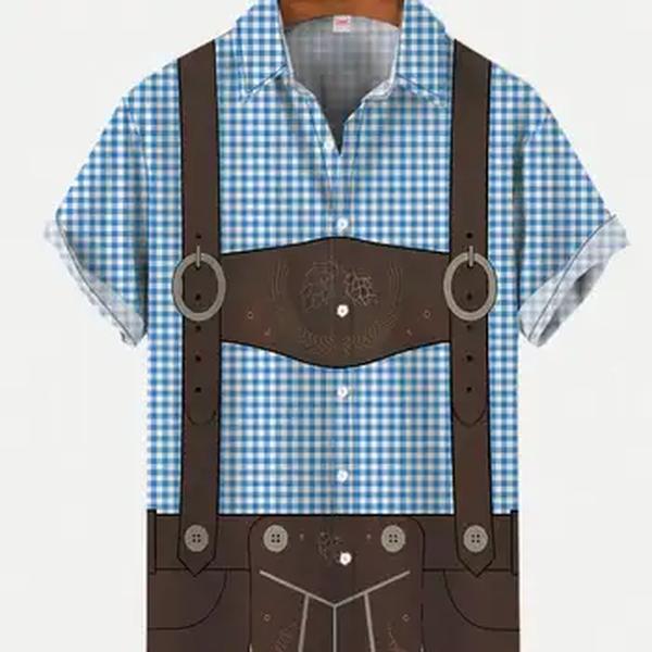 Camisa havaiana de manga curta masculina, macacão xadrez azul, traje de vestir, camisas Oktoberfest, blusas de praia, moda clássica