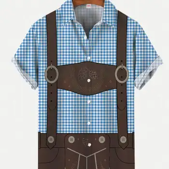Camisa havaiana de manga curta masculina, macacão xadrez azul, traje de vestir, camisas Oktoberfest, blusas de praia, moda clássica