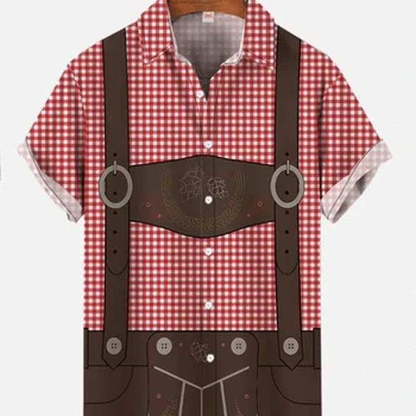 Camisa havaiana de manga curta masculina, macacão xadrez azul, traje de vestir, camisas Oktoberfest, blusas de praia, moda clássica