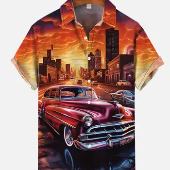 Camisa havaiana clássica masculina, estampada de carro retrô, manga curta, blusas de praia, menina hula, tiki club, moda