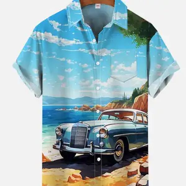 Camisa havaiana clássica masculina, estampada de carro retrô, manga curta, blusas de praia, menina hula, tiki club, moda