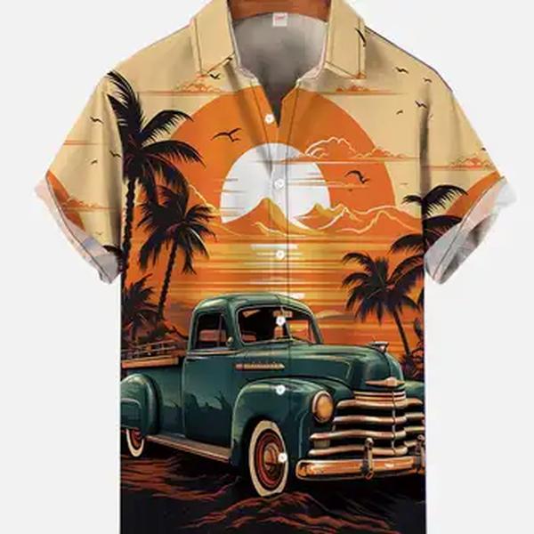 Camisa havaiana clássica masculina, estampada de carro retrô, manga curta, blusas de praia, menina hula, tiki club, moda