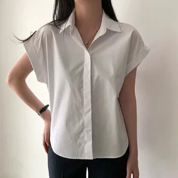 Blusa de manga curta feminina, lapelas simples, camisa versátil, moda casual verão, cor sólida, camisa versátil