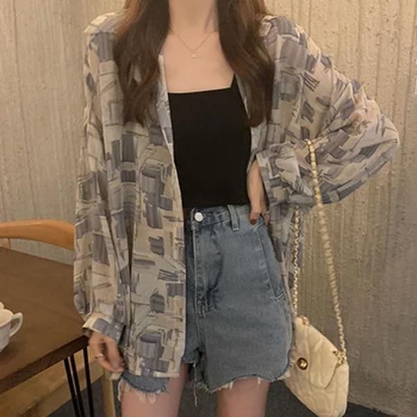 Camisa solta vintage de manga longa para mulheres, gola virada para baixo, blusas chiques, streetwear, todos os fósforos, tops grandes, femininos, verão