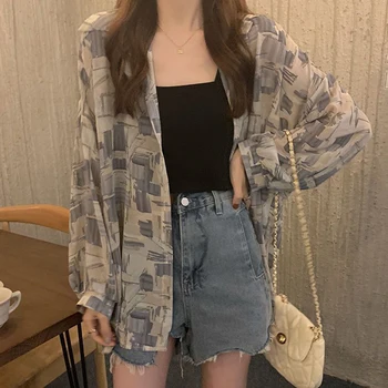 Camisa solta vintage de manga longa para mulheres, gola virada para baixo, blusas chiques, streetwear, todos os fósforos, tops grandes, femininos, verão