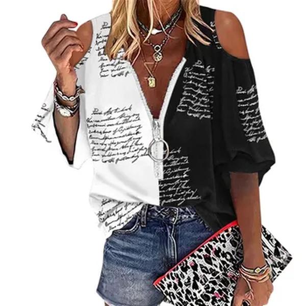 Manga curta feminina fora do ombro, blusa casual, zíper, decote em v, camiseta de vestir solta, camisa feminina, roupas de verão