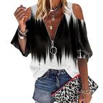 Manga curta feminina fora do ombro, blusa casual, zíper, decote em v, camiseta de vestir solta, camisa feminina, roupas de verão