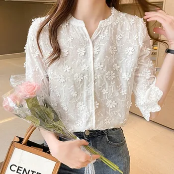 Blusa feminina de renda de algodão, manga curta, Tops verão, floral bordada, camisa branca, moda casual, 9638