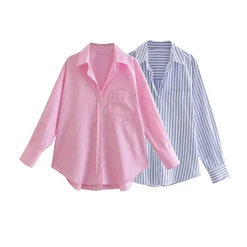 ZRN-camisas soltas listradas com bolso para mulheres, manga comprida, blusas de botão, tops chiques, moda feminina