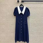 Vestido longo em patchwork estilo preppy feminino, colarinho Peter Pan, manga curta, botões dourados, vestidos casuais pregas, moda nova, verão, 2022