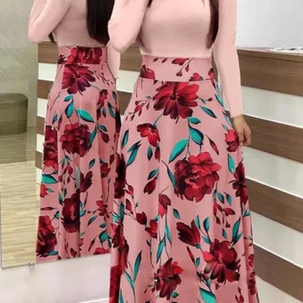 Vestidos combinando cor de flor, Vestidos longos, Roupas femininas, Europeu e Americano, Venda quente, Outono