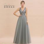 Babyonline-Vestidos sem encosto com decote em v para mulheres, lantejoulas, miçangas brilhantes, tule, vestido sexy, robe de festa formal