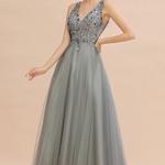 Babyonline-Vestidos sem encosto com decote em v para mulheres, lantejoulas, miçangas brilhantes, tule, vestido sexy, robe de festa formal