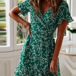 Vestido feminino com estampa floral boho babados, verão sexy decote em V, manga curta, mini vestidos de chiffon, vestido de praia