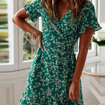 Vestido feminino com estampa floral boho babados, verão sexy decote em V, manga curta, mini vestidos de chiffon, vestido de praia