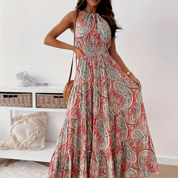 Vestido de cintura alta sem mangas feminino, Comprimento Midi, Cor Contraste, Elegante, Solto, Verão, Moda Praia, Feminino, Novo, 2022