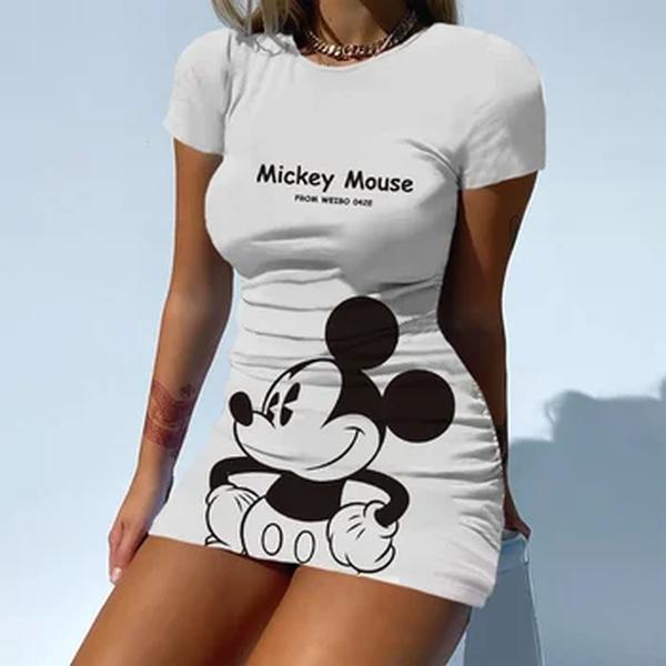 Disney-Vestidos Mickey e Minnie femininos, vestidos magros, sexy, mangas curtas, verão, vestidos elegantes, festa com cintura, moda, marca