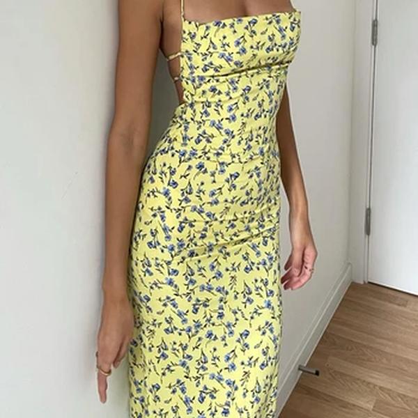 Dulzura-Vestido longo floral feminino com cadarço, bodycon sem costas, vestido Midi, roupa sexy do clube de festa, streetwear verão, vestido de verão
