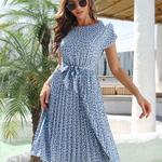 Vestido longo plissado floral feminino, linha A, manga curta, cintura alta, chique, primavera, verão, moda