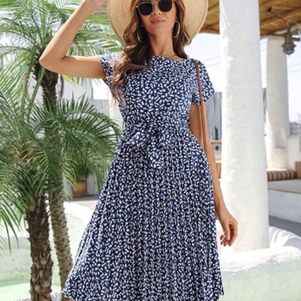 Vestido longo plissado floral feminino, linha A, manga curta, cintura alta, chique, primavera, verão, moda