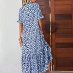 Vestido longo estampado de flores feminino, decote em v, decoração de renda, tecido solto, estilo natalino, moda
