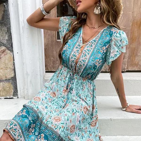 Vestido Boho Midi com estampa floral verde feminino, elegante vestido curto manga pétala, festa, férias, roupas de praia, feminino, verão, 2023