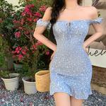 Vestido de pescoço quadrado com cordões feminino, oco, magro, sexy, doce, estampa formal