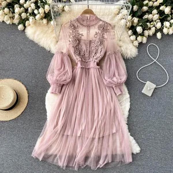 Vestido feminino de malha com flor de renda, manga lanterna, vestidos longos brancos para festa, elegante vintage, conjuntos de 2 peças, novo, 12041