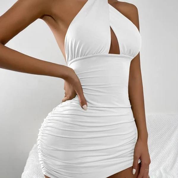 Vestido sem alças com laço para cima do pescoço das mulheres, Sexy Backless Party Bodycon, Mini vestidos, sem mangas, Night Club Short Outfit, Hollow Out