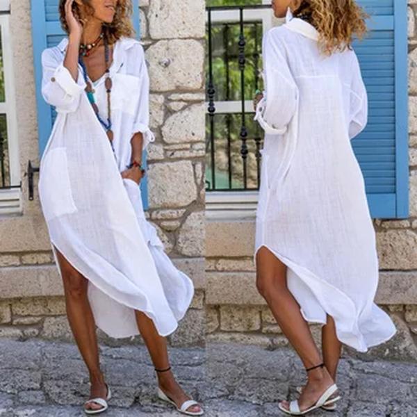Vestido de manga comprida de algodão de linho feminino, Monocromático, Botão, Split, Solto, Casual, Forro, Novo