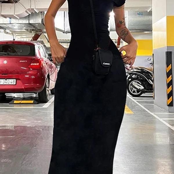 Nibber-Vestido maxi monocromático sexy sem costas feminino, elástico elegante, fino, manga curta, bodycon feminino, roupa de streetwear