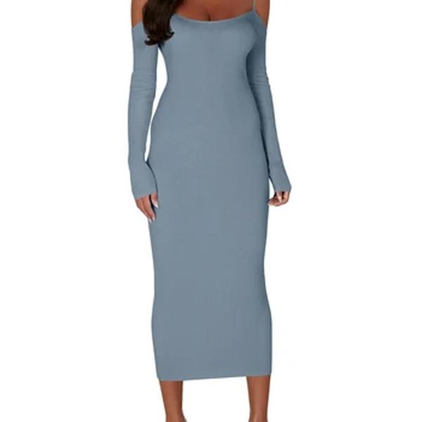 Vestido feminino fora do ombro Split Bodycon, sem encosto, manga comprida, vestidos de malha, roupas finas de cintura alta, streetwear, moda