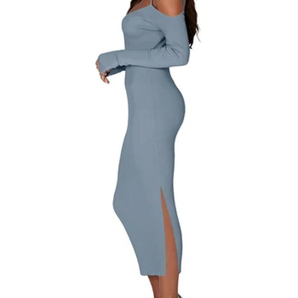 Vestido feminino fora do ombro Split Bodycon, sem encosto, manga comprida, vestidos de malha, roupas finas de cintura alta, streetwear, moda