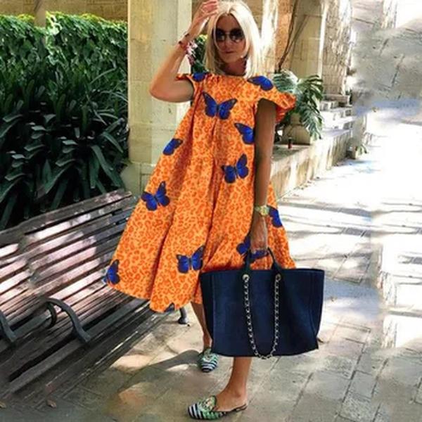 Vestido de praia feminino solto casual, vestidos plus size, gola redonda, folha de bordo, estampa borboleta, rosa, elegante, midi, moda