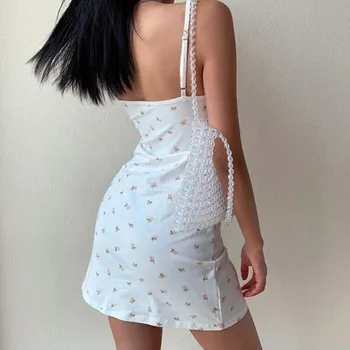 Vestido retrô sem alças estampado floral para mulheres, decote v, verão, cintura alta, vestido linha A, elegante, manga curta, vestido de verão, saia de férias